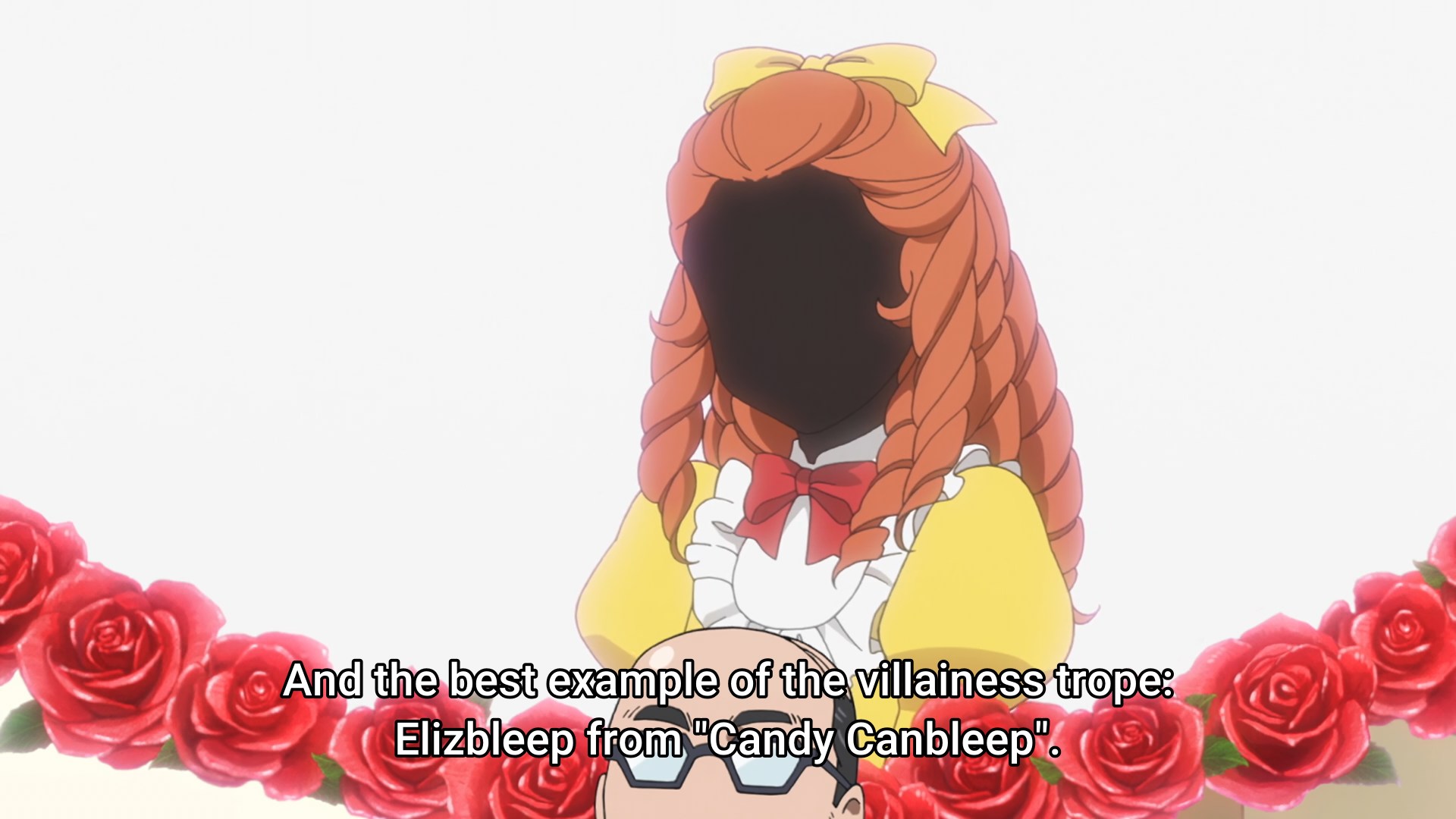 Kenzaburou talking about classic shoujo manga and anime villainesses with ring curl hair as a censured image of Elizabeth from Candy Candy is shown on screen.